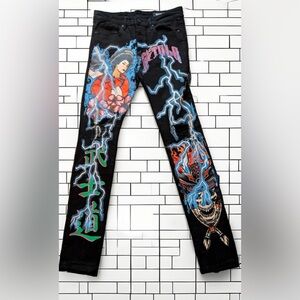 GFTD Los Angeles Black distressed painted and jeweled street wear denim jeans